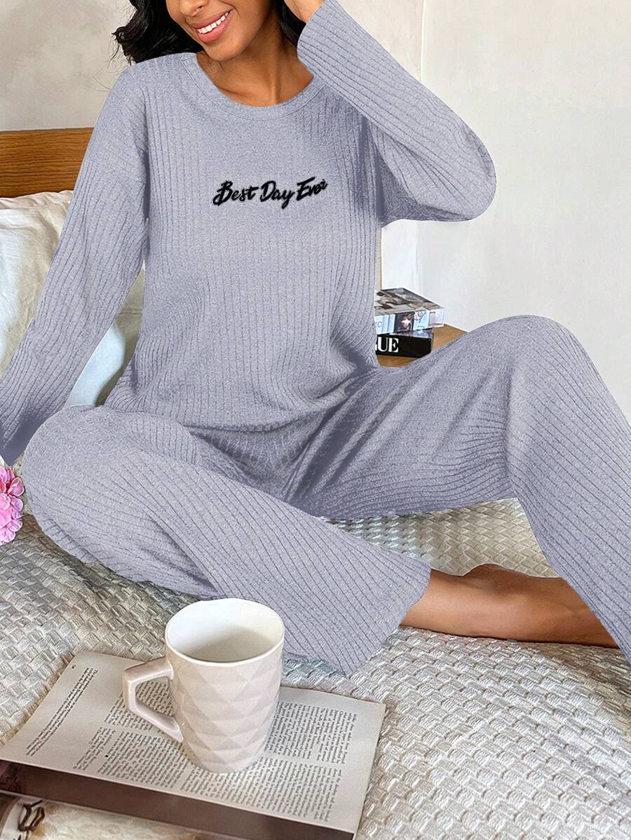 RueChic Slogan Ribbed Knit Lounge Set - Grey - View 1