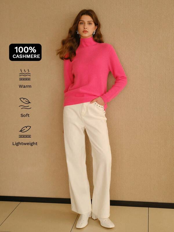 MOTF STUDIO 100% CASHMERE SOLID HIGH NECK RIBBED KNIT SWEATER