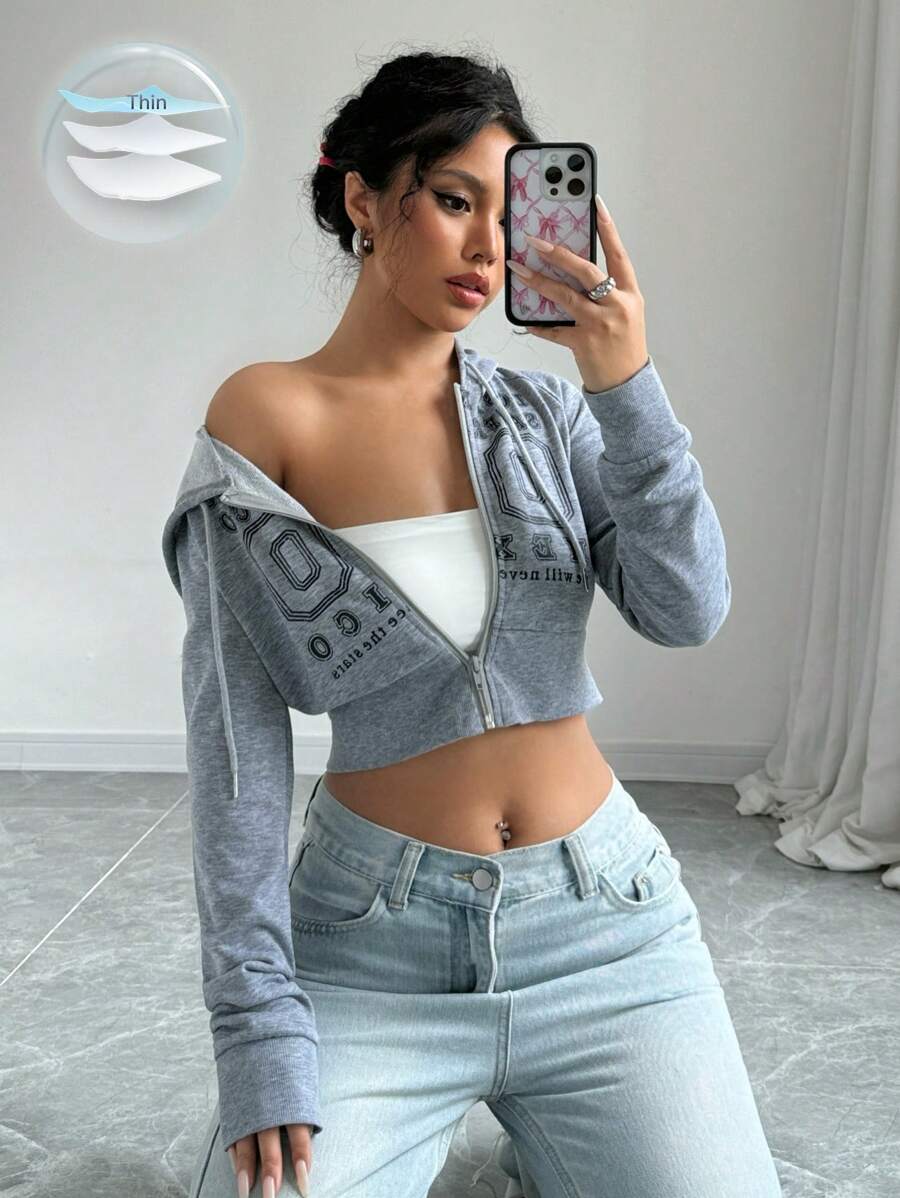 SHEIN Unity Letter Graphic Zip Up Drawstring Crop Hoodie Sweatshirt - Multicolor - View 1