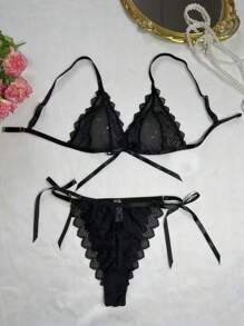 2pcs Lace & Mesh Contrast Wireless Sexy Lingerie Set For Women - Black - View 7