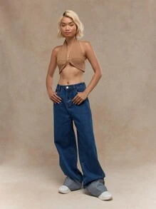 MISSGUIDED 金屬扣細節開襟領吊帶短款背心 - 卡其色 - 查看 4