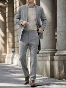 Manfinity VCAY 2pcs Men's Slim Fit Two-Button Business Suit Set, Suitable For Office - Dark Grey - View 3