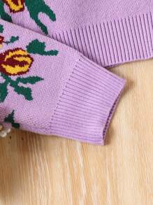 2pcs/Set Girls Floral Cardigan & Long Pants Suit, Retro Fashion Casual Knitted Set For Autumn/Winter - Mauve Purple - View 6