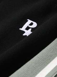 DAZY Women's Colorblock Striped Letter Embroidery Loose Long Sleeve Hooded Zipper Cardigan,Fall Women Clothes Jacket - Black - View 6