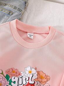 SHEIN Girls' Minimalist Cute Floral & Letter Print Round Neck Ribbed Long Sleeve Sweatshirt