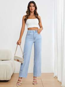 Jeans mit geradem Beinschnitt, hoher Taille, - Helle Waschung - Übersicht 3