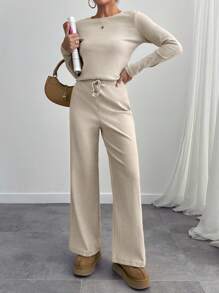 EURMUSE Damen Zweiteiler aus einfarbigem Top mit rundem Ausschnitt und Langarm sowie Hose, minimalistischer Lässig Anzug