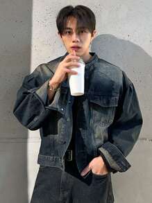 DAZY Men's Drop Shoulder Long Sleeve Single Breasted Casual Denim Jacket, Autumn,Back To School, Emo Style - Blue - View 4