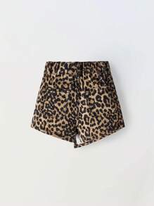 Young Girls Fashionable Leopard Pattern Washed Denim Skort