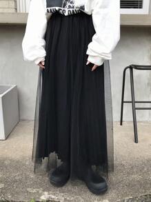 FRIFUL Jupe plissée élégante et ample à ligne A en maille noire avec contraste - Noir - Voir 6