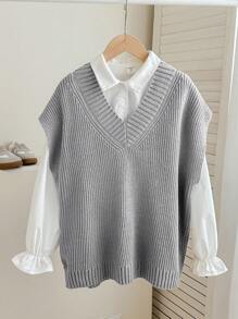 Chaleco holgado de largo medio con cuello en V y hombros caídos de color liso informal para niña preadolescente