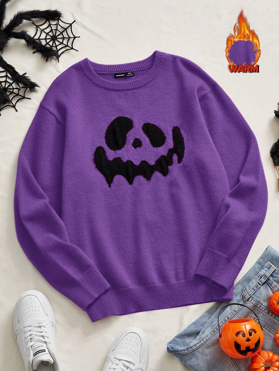 Manfinity VCAY Men's Knit Casual Loose Fit Drop Shoulder Long Sleeve Sweater, Young & Daily Wear, For Fall Winter, Couple Things - Purple - View 1