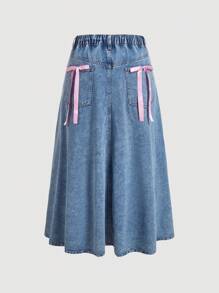 SHEIN MOD Plus Size Denim Skirt, Sweet Loose Long Style With Bowknot Blue