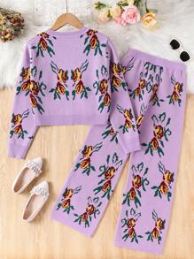 2pcs/Set Girls Floral Cardigan & Long Pants Suit, Retro Fashion Casual Knitted Set For Autumn/Winter - Mauve Purple - View 2