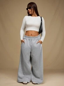 Forever 21 Calça de moletom plus size, cor sólida, com elástico na cintura, bolso, simples, larga, casual, para uso diário - Cinza - Ver 1