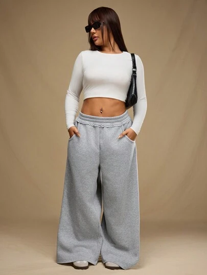 Forever 21 Plus Size Solid Color Elastic Waist Pocket Simple Baggy Sweatpants, Casual Everyday Wear