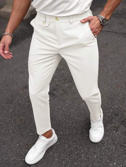 Manfinity Mode Men's Solid Color Pocket Straight-Leg Casual Work Pants