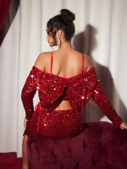 CHRISTIAN SPINELLI Top de fiesta de manga larga con lentejuelas brillantes y rojas, diseño de gran lazo y espalda descubierta, para mujer, para vacaciones, primavera, salir, festivales