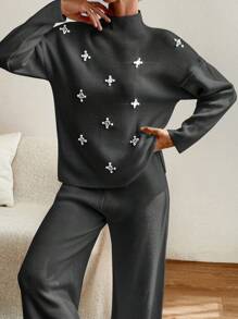 EURMUSE Women Sweater With Pearl Detailed And Knit Pant - Dark Grey - View 2