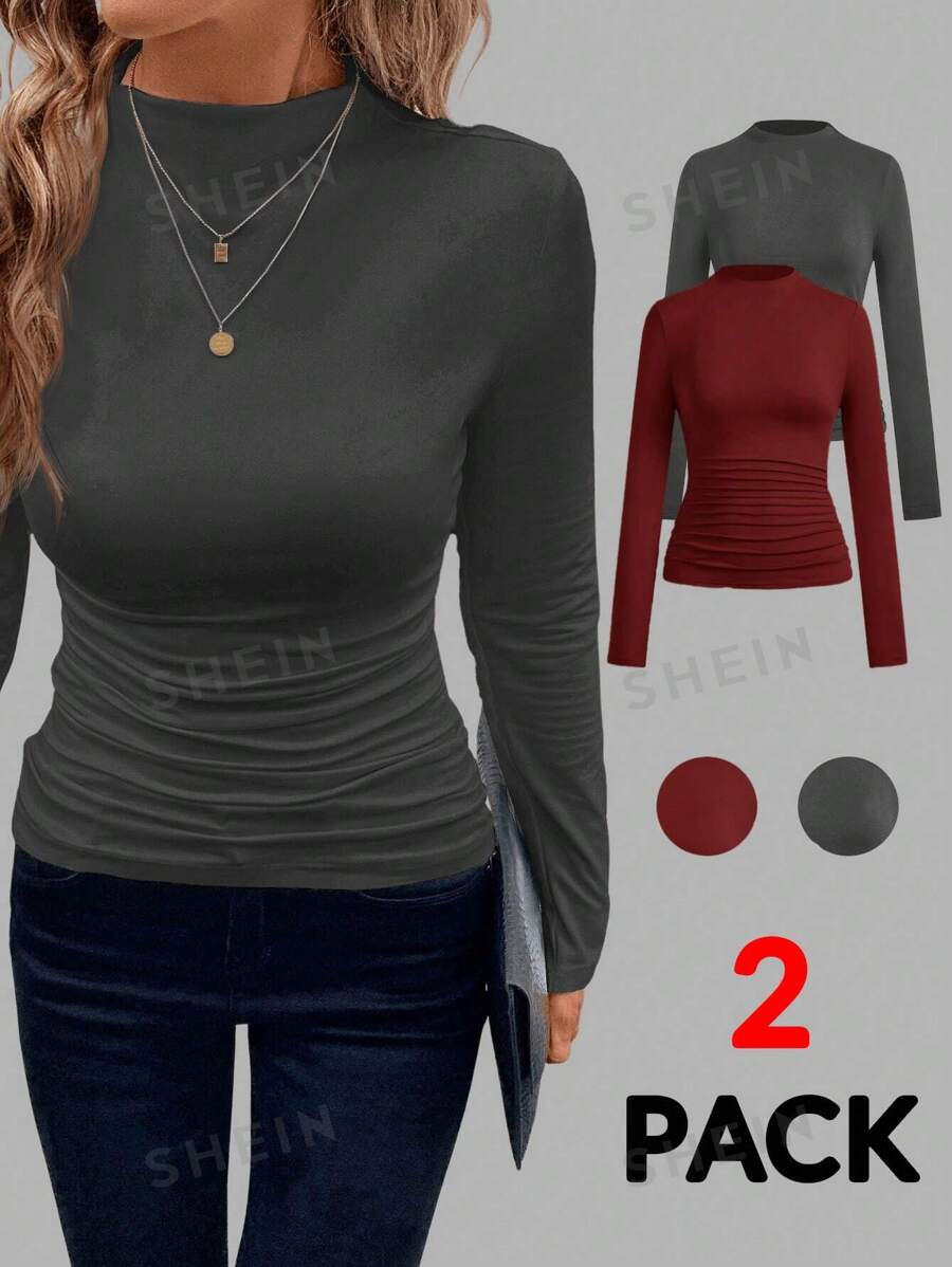 SHEIN Clasi Camiseta de manga larga de unicolor informal y versátil para mujer, ideal para otoño/invierno