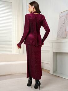 Modelyn Conjunto de 2 piezas de blusa casual de manga larga con botones delanteros y falda para mujeres - Burdeos - Ver 4