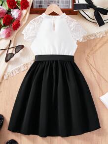 Tween Girls' Color Block Contrast Lace Round Neck Short Sleeve Waist Bow Decor Contrast Color Dress - Black - View 2