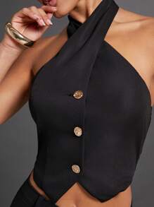 Hauture Halter Tie Back Black Top With Gold Buttons For Fall