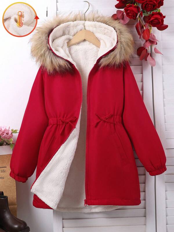 SHEIN Tween Girls Long Sleeve Fluffy Collar Thickened Mid-Length Coat For Winter, For Christmas