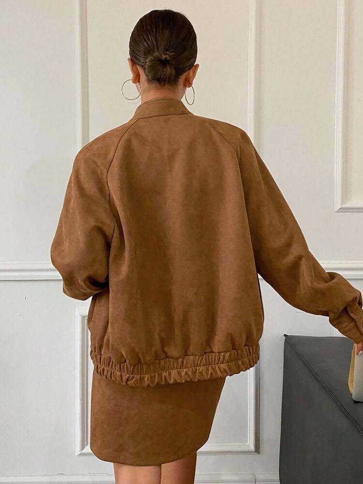 Women 2pcs Set: Solid Color Loose High Neck Long Sleeve Zip-Up Jacket & Straight Skirt,Fall Women Clothes