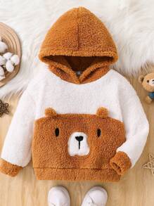 SHEIN Young Girl's & Young Girl's Reversible Fleece 3D Ear Bear Embroidered Sweatshirt, Suitable For Casual Daily Wear