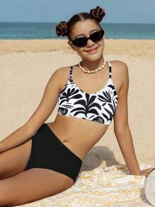 SHEIN Teen Girls' Plant Printed Beach Holiday Casual Bikini Set