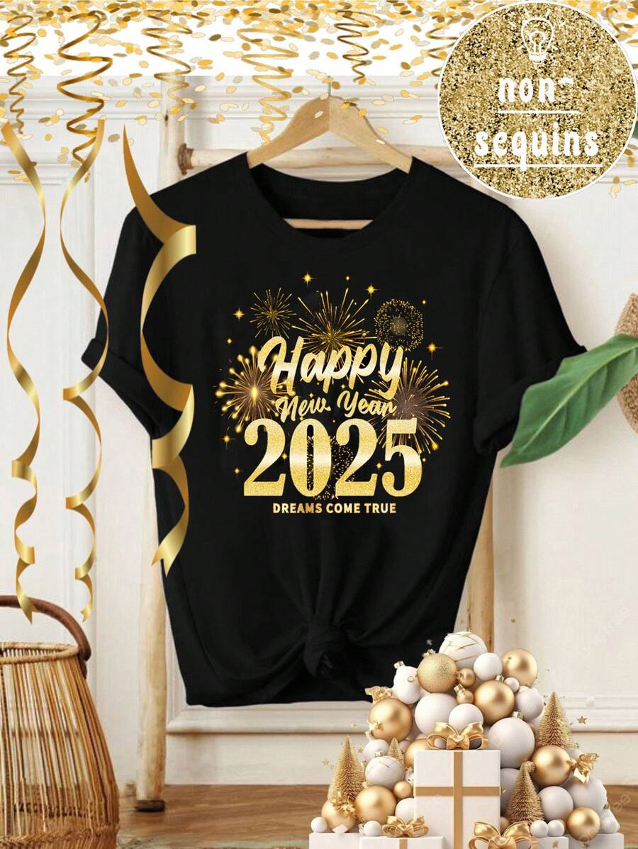 SHEIN EZwear 休闲新年快乐 2025 金色印花图案黑色宽松圆领短袖女式 T 恤，新年服装 - 黑色 - 查看 1