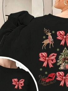 Áo nỉ dài tay cổ tròn in hình hươu và nơ Giáng sinh cho bé gái tuổi mới lớn, áo thu/đông - màu đen - Xem 3