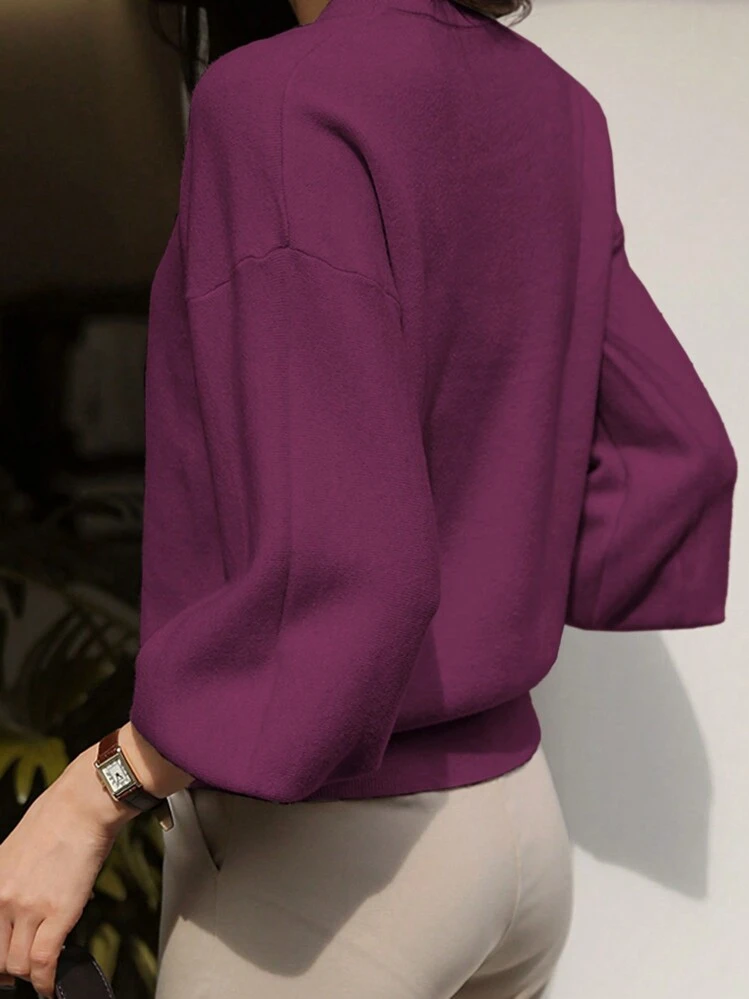 DAZY Jersey de cuello redondo de unicolor, ropa casual de moda para uso diario, ropa de otoño - Rojo violeta - Añade 2