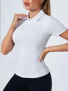 Easithlete Tennis Casual Solid Color Fitted Women's Long Sleeve Sports Polo Shirt - White - View 3
