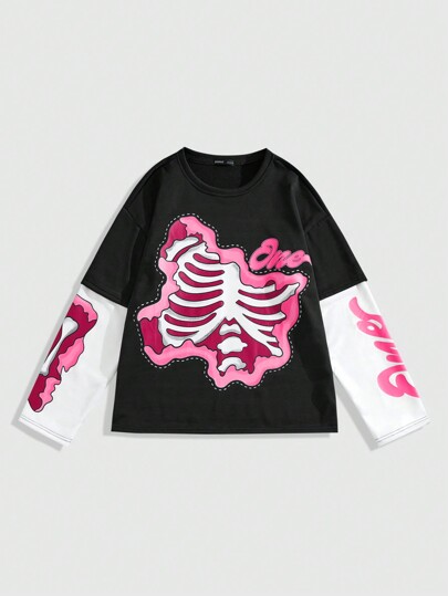 Street Life Men's Heavyweight 2 In 1 Skeleton Print Round Neck Long Sleeve Casual T-Shirt, Halloween