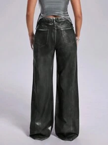 SHEIN ICON Blue & Black Paint High Waist Women's Straight Leg Jeans - Dark Wash - View 2