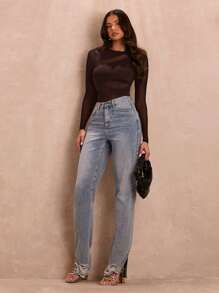 SHEIN BAE 夏季黑色圆领性感透视镂空网眼拼接不对称紧身衣女款