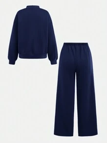 SHEIN Girlism Teen Girl Casual Solid Color Crew Neck Sweatshirt And Sweatpants 2 Pieces Set - Navy Blue - View 2