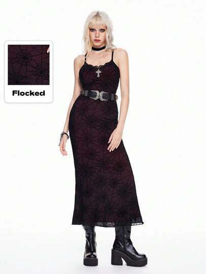 Grunge Punk Women's Vintage Sexy Lace Insert Cross Mermaid Midi Dress