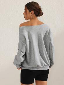 Easithlete 女士斜肩长袖字母印花休闲上衣，日常穿着 - 深灰色 - 查看 2