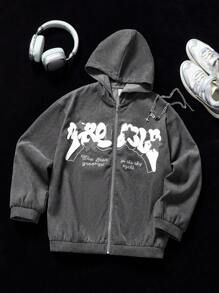 SHEIN Tween Girl 字母印花连帽拉链长袖运动衫（灰色） - 深灰色 - 查看 1