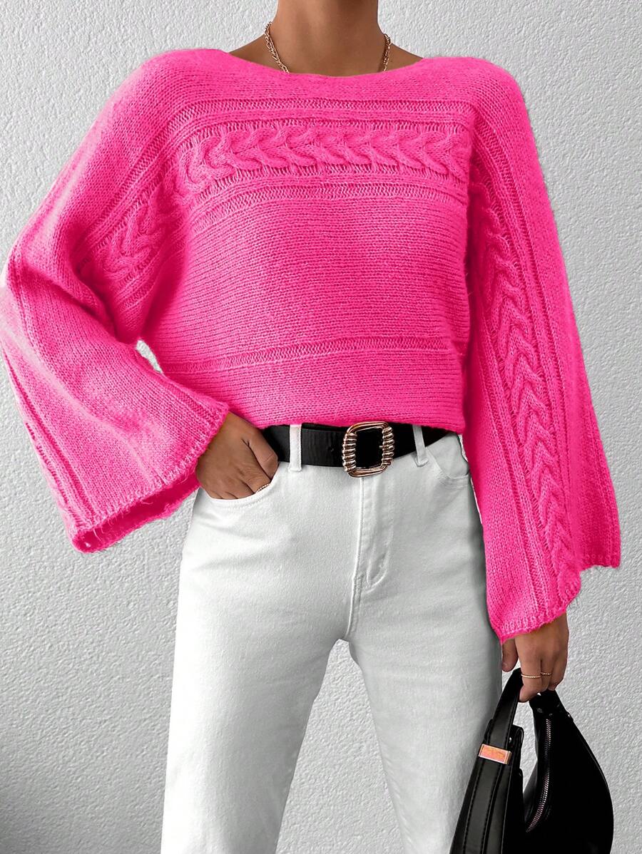 EURMUSE Women Simple Solid Color Long Sleeve Casual Sweater - Pink - View 1