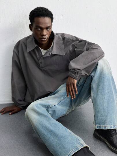 Maija 男士 2025 年新款冬季超大号灰色前排纽扣长袖简约休闲 Polo 衫，百搭时尚，适合新年派对、节日、情人节和工作