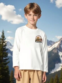 SHEIN Camiseta de manga larga con estampado gráfico de forro polar informal para niño preadolescente, para actividades al aire libre