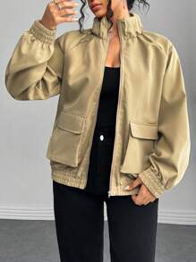 Chiquease 法式休闲军绿色女式风衣夹克，秋季 - 軍綠色 - 查看 7