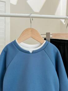 SHEIN 2pcs/Set Baby Boys/Girls Casual Cute Style Drop Shoulder Loose Round Neck Knitted Sweatshirt And Ribbed Hem Knitted Pants Set, Suitable For Autumn/Winter Home/Outdoor Wear - Blue - View 6