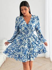 SHEIN Franclia 大码女式花卉印花褶皱长袖腰带优雅连衣裙 - 藍色 - 查看 7