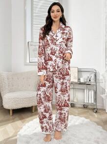 Bộ đồ ngủ tay dài cổ ve in họa tiết toàn thân, quần áo thu đông - Gỗ đỏ - Xem 5