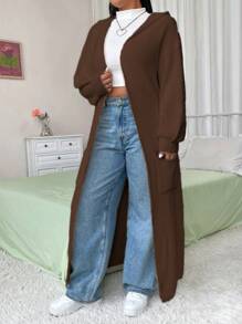 Flirla Áo len cardigan dệt kim đơn giản, tay dài màu trơn cỡ lớn, dành cho mùa đông - Cà phê nâu - Xem 4